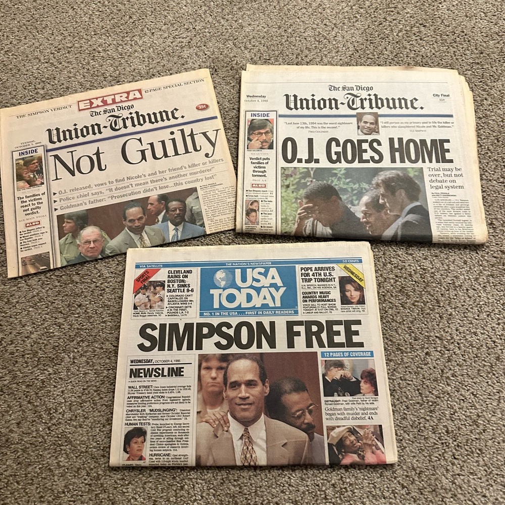 VTG OJ Simpson Newspaper Simpson Free USA Today/The San Diego Unit Tribute